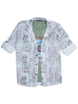 CAVIO - Boys Green Geometric Printed Full Sleeves Shirt and T-Shirt
