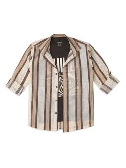 CAVIO - Boys Brown Striped Full Sleeves Shirt and Printed T-Shirt