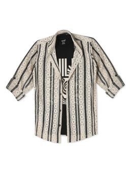 CAVIO - Boys Cream Striped Full Sleeves Shirt and Printed T-Shirt