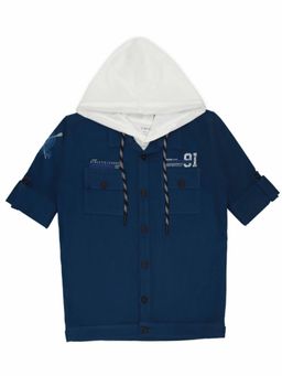 CAVIO - Boys Navy Blue Printed Full Sleeves Jacket And Hooded T-Shirt (Set of 2)