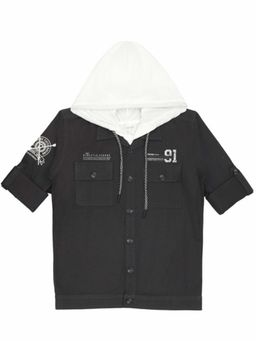 CAVIO - Boys Dark Grey Printed Full Sleeves Jacket And Hooded T-Shirt (Set of 2)