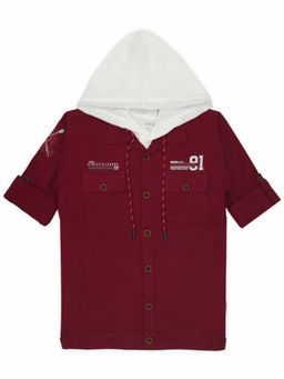 CAVIO - Boys Red Printed Full Sleeves Jacket And Hooded T-Shirt (Set of 2)