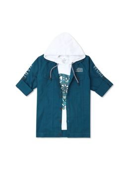 CAVIO - Boys Blue Printed Full Sleeves Jacket And Hooded T-Shirt (Set of 2)