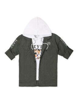 CAVIO - Boys Olive Printed Full Sleeves Jacket And Hooded T-Shirt (Set of 2)