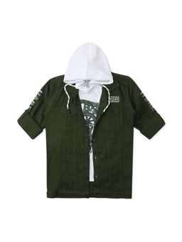 CAVIO - Boys Green Printed Full Sleeves Jacket And Hooded T-Shirt (Set of 2)