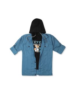CAVIO - Boys Blue Printed Full Sleeves Jacket And Hooded T-Shirt (Set of 2)