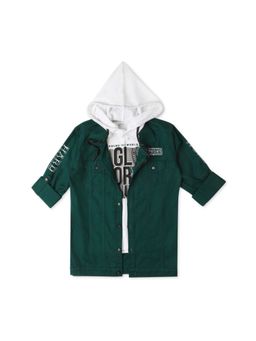 CAVIO - Boys Green Printed Full Sleeves Jacket And Hooded T-Shirt (Set of 2)