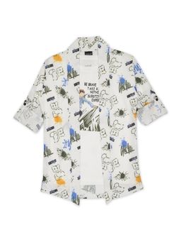 CAVIO - Boys White Printed Full Sleeves Jacket & T-Shirt