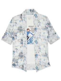 CAVIO - Boys White Printed Full Sleeves Jacket & T-Shirt