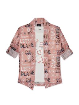 CAVIO - Boys Peach Printed Full Sleeves Jacket & T-Shirt