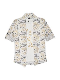 CAVIO - Boys White Typography Printed Full Sleeves Jacket & T-Shirt