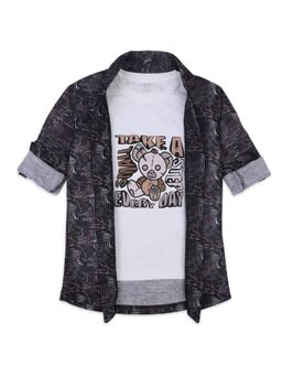 CAVIO - Boys Black Printed Full Sleeves Jacket And T-Shirt