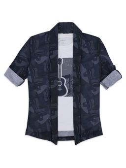 CAVIO - Boys Navy Blue Printed Full Sleeves Jacket And T-Shirt
