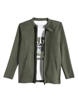 CAVIO - Boys Green Solid Zipper Jacket And Printed T-Shirt