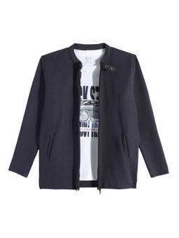 CAVIO - Boys Navy Blue Solid Zipper Jacket And Printed T-Shirt