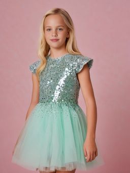 CHERRY CRUMBLE BY NITT HYMAN - Mint Green Round Neck Sequin Dress