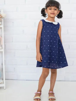 ZACH & KIKI - Navy Blue Cutwork Round Neck A-Line Dress