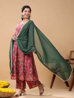 Janasya - Women's Pink Georgette Floral Printed Kurta with Palazzo and Dupatta (Set of 3)