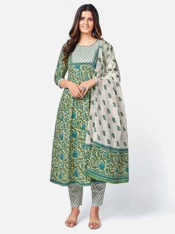 Vbuyz - Printed & Embroidered Cotton Green Kurta Pant With Dupatta (Set of 3)