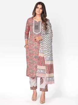 Vbuyz - Printed & Embroidered Cotton Pink Kurta Pant With Dupatta (Set of 3)