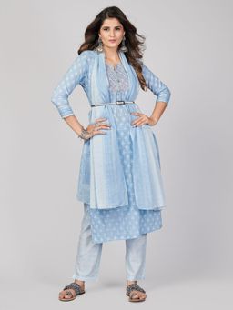 Vbuyz - Printed & Embroidered Cotton Sky Blue Stitched Kurta Pant With Dupatta (Set of 3)