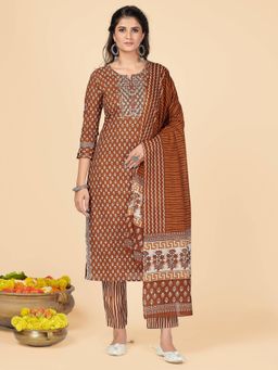 Vbuyz - Embroidered & Mirror Work Cotton Brown Stitched Kurta Pant With Dupatta (Set of 3)