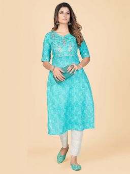 Vbuyz - Printed & Embroidered Cotton Sky Blue Stitched Kurta