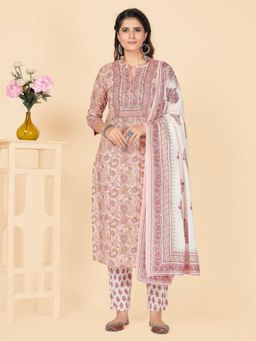 Vbuyz - Printed & Embroidered Cotton Peach Stitched Kurta Pant with Dupatta (Set of 3)
