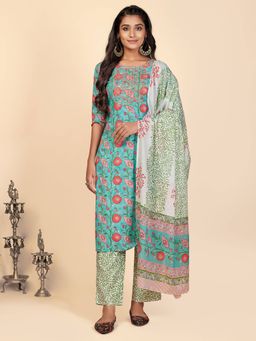 Vbuyz - Printed & Embroidered Cotton Aqua Stitched Kurta Pant With Dupatta (Set of 3)