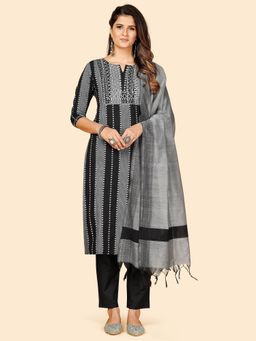 Vbuyz - Printed & Embroidered Cotton Black Stitched Kurta Pant With Dupatta (Set of 3)