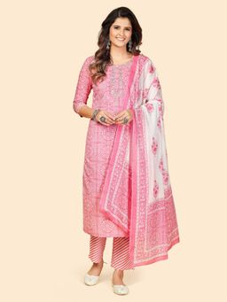 Vbuyz - Printed & Embroidered Cotton Light Pink Stitched Kurta Pant With Dupatta (Set of 3)