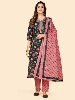 Vbuyz - Printed & Embroidered Cotton Black Stitched Kurta Pant With Dupatta (Set of 3)