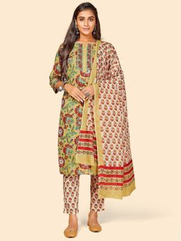 Vbuyz - Printed & Embroidered Cotton Green Kurta Pant With Dupatta (Set of 3)