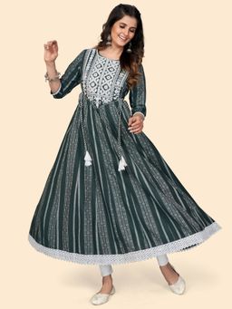 Vbuyz - Print & Embroidered Anarkali Cotton Green Stitched Kurta