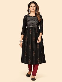 Vbuyz - Printed & Embroidered Anarkali Cotton Black Stitched Kurta