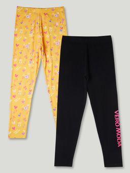 VERO MODA - Girl Printed Skinny Fit Yellow and Black Leggings (Pack of 2)