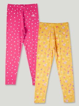 VERO MODA - Girl Printed Skinny Fit Pink and Yellow Leggings (Pack of 2)
