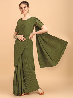 Amrutam Fab - Womens Japan Satin Pleated Green Saree With Sequences Unstitched Blouse Piece