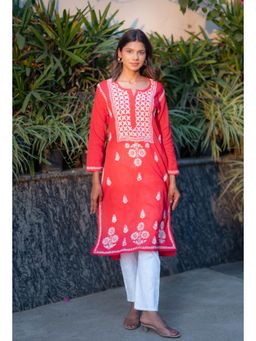 RANGREZA ETHNIC - Alifa Cotton Kurta-Coral