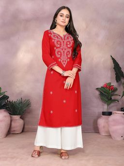 Rangita - Women Red Rayon Embroidered Straight Calf Length Kurta