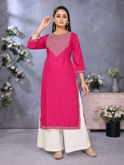Rangita - Women Pink Rayon Embroidered Straight Calf Length Kurta
