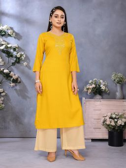 Rangita - Women Mustard Rayon Embroidered Straight Calf Length Kurta