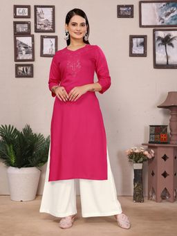 Rangita - Women Pink Rayon Embroidered Straight Calf Length Kurta