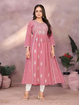 Rangita - Women Coral Viscose Poly Embroidered Flared Calf Length Kurta