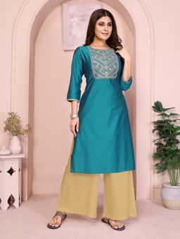 Rangita - Women Green Viscose Poly Embroidered Straight Calf Length Kurta