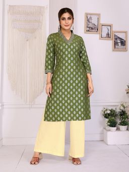Rangita - Women Green Rayon Embroidered Straight Calf Length Kurta