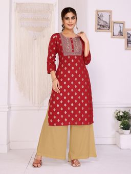 Rangita - Women Red Rayon Embroidered Straight Calf Length Kurta