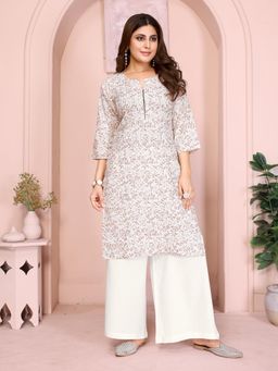 Rangita - Women White Cotton Printed Straight Calf Length Kurta