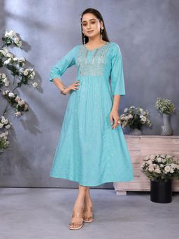 Rangita - Women Aqua Rayon Embroidered Flared Calf Length Kurta