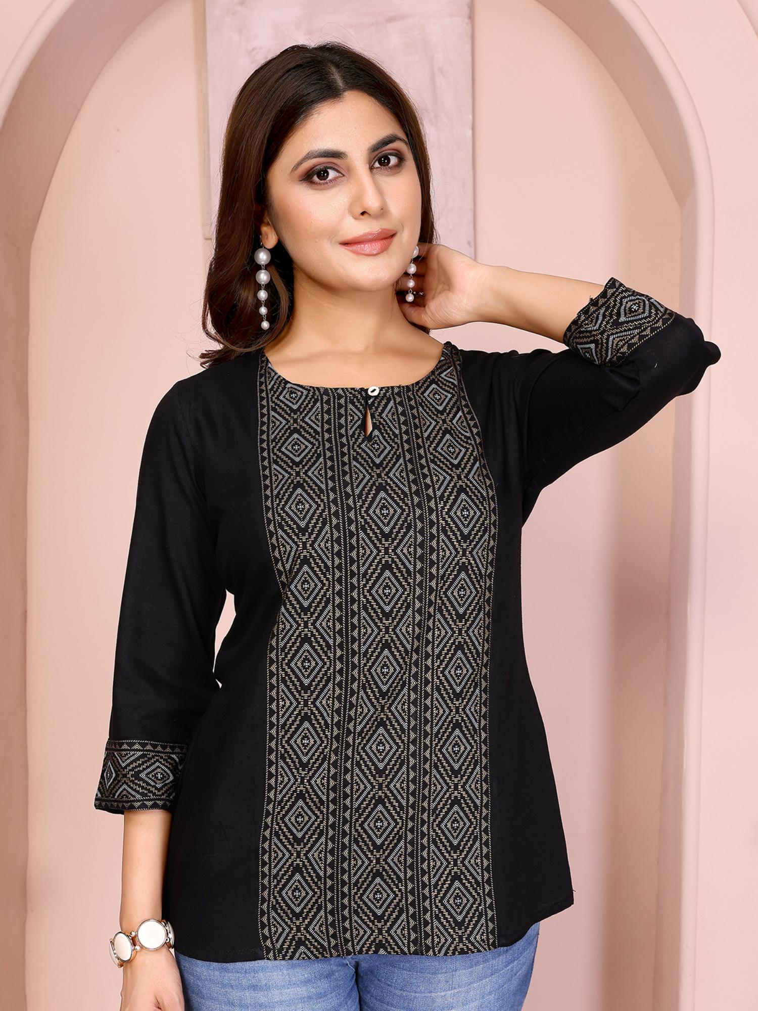 rangita Women Black Rayon Printed A-Line Short Length Kurti-picture-12